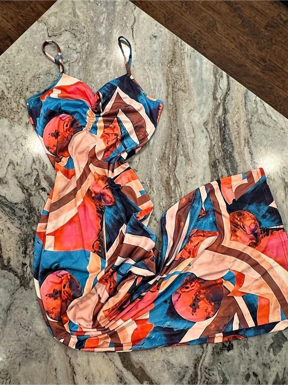 Abstract Print Maxi Dress in Blue & Orange Like New